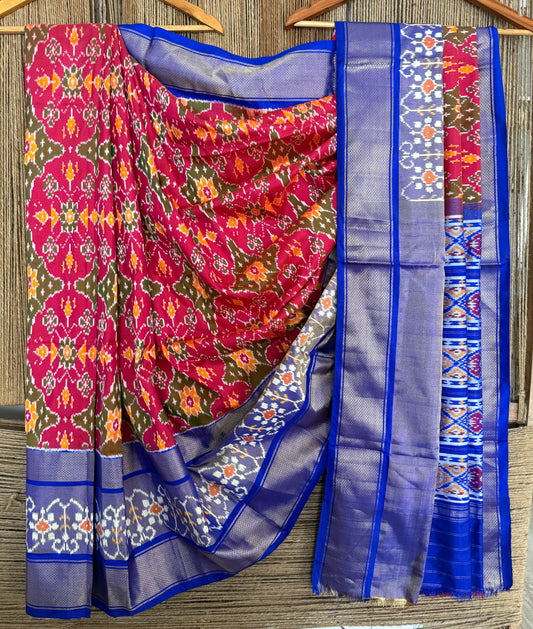 ROYAL BLUE & PINK PURE SILK IKKAT HANDWOVEN PATOLA SARI