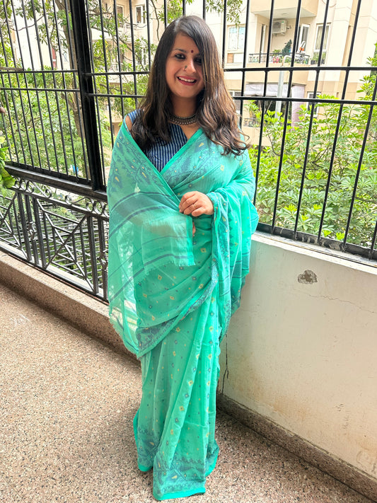 Sea green mull handloom cotton jamdani woven sari
