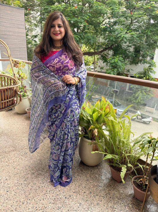 Purple Georgette doria handblock sari