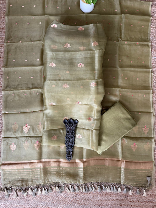 Olive Green Ombré Shade kora silk certified handloom banarsi kadwa booti meenakari three piece suit