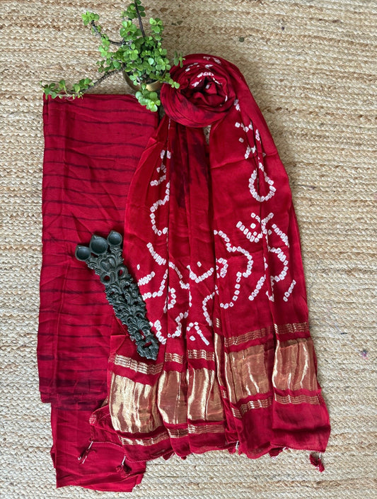 Red & Black modal silk Shibori kurta With bandhani Shibori hand crafted modal silk dupatta