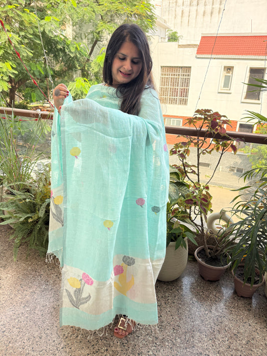 ARCTIC BLUE WOVEN LINEN  KURTA SET LJS- 206