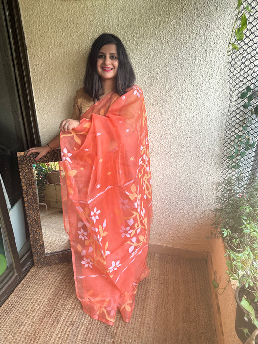 PEACH JAMDANI HANDWOVEN PURE MUSLIN SILK SARI MJS-4