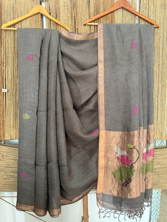 GRAPHITE GREY HANDWOVEN JAYSHREE LINEN JAMDANI SARI