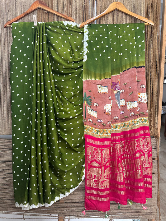 MEHENDI GREEN MODAL SILK BANDHANI SARI WITH PICHWAI PRINT BPS 20