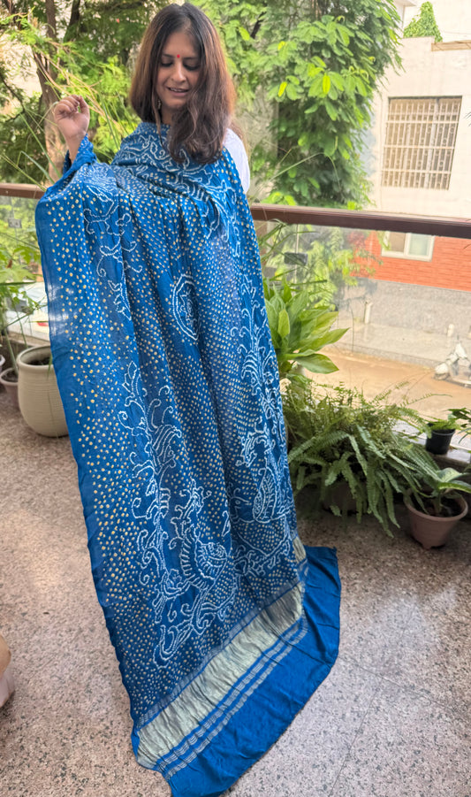 Indigo Blue rai bandhani gajji silk Handcrafted Gharchola dupatta
