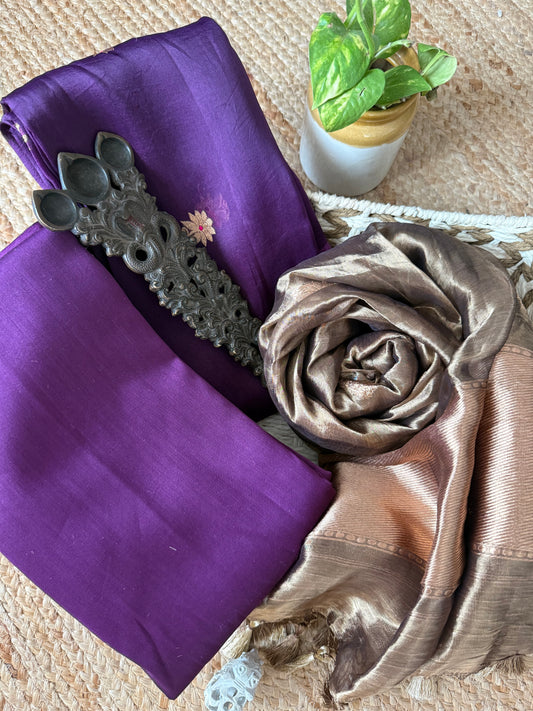 Purple kora silk certified handloom banarsi kadwa booti three piece suit