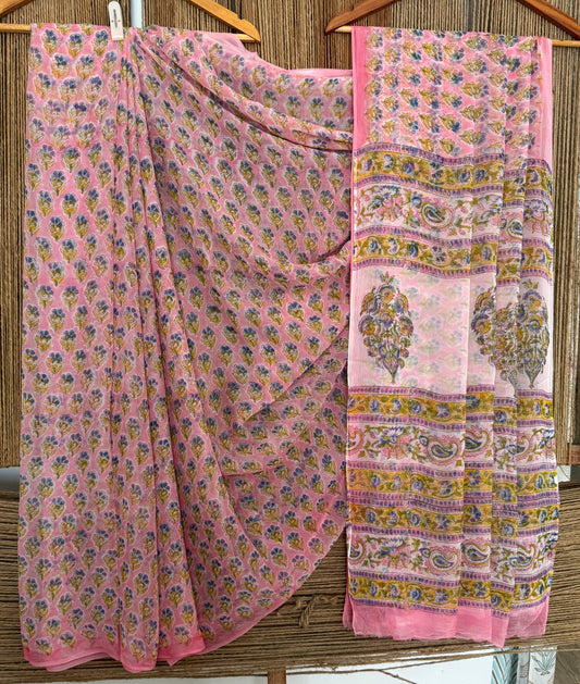 Blush Pink Georgette doria handblock sari
