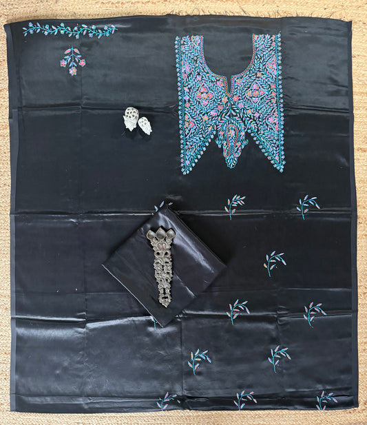 BLACK MASHRU SILK HAND EMBROIDERY KASHMIRI HANDEMBROIDERY SOZNI WORK CORD SET Cs- 25