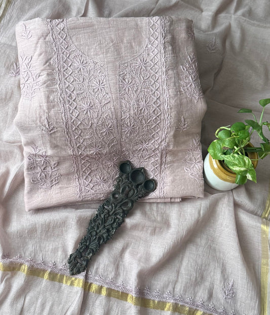 AFRICAN VIOLET PURPLE PREMIUM MULL CHANDERI LUCKNOWI CHICKENKARI HAND EMBROIDERY THREE PIECE SUIT