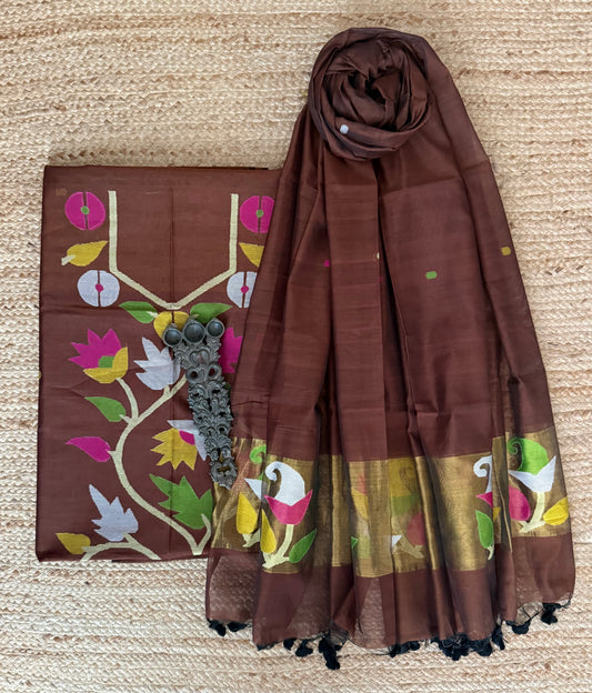 Wood Brown handwoven jamdani pure cotton silk kurta set mjk-