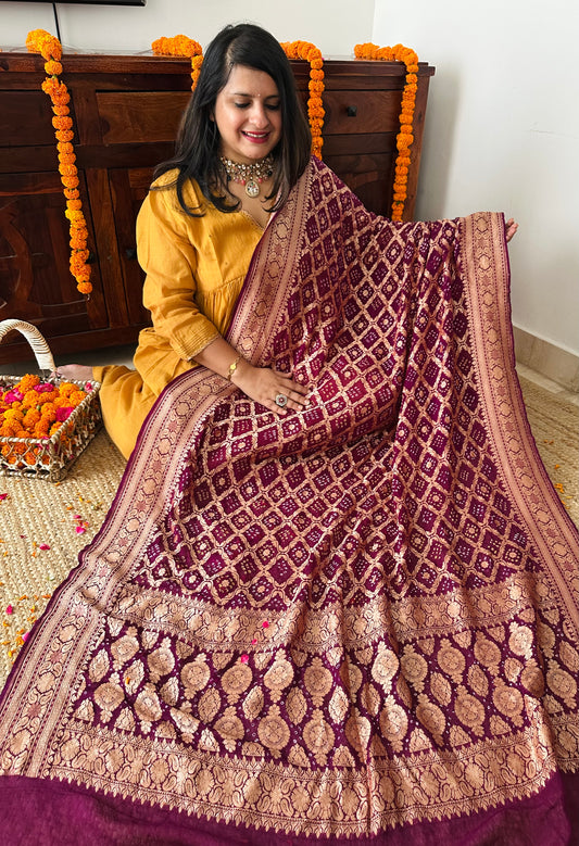 Midnight purple Handwoven NeemZari Bareek Bandhani in Khaddi Georgette dupatta BD-1011