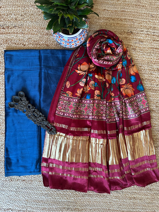 BLUE MASHRU SILK KURTA WITH PATOLA HANDCRAFTED MODAL SILK DUPATTA PS- 1075