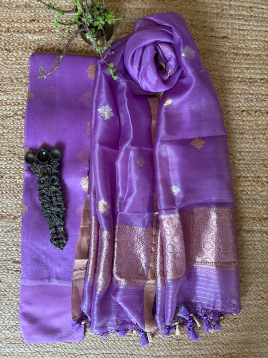 Lavender Purple Kora silk certified handloom Banarsi kadwa Booti three piece suit  CBS-5