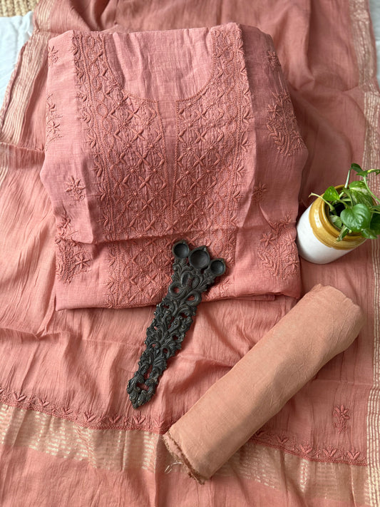 Brown premium chanderi cotton lucknowi chickenkari hand embroidery three piece suit