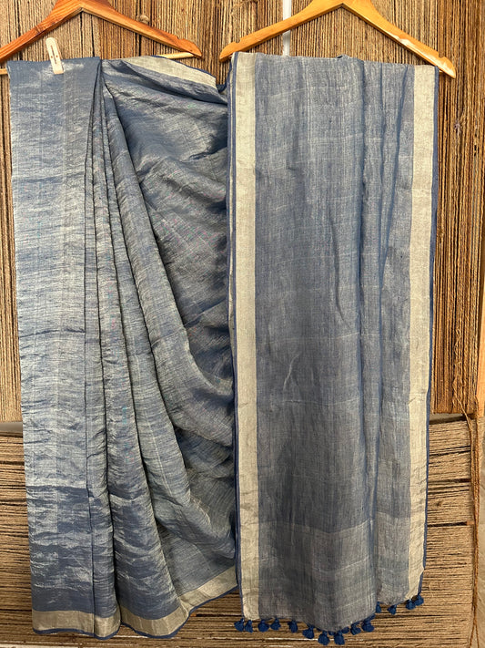 SLATE BLUE SILVER METALLIC LINEN SARI WITH WOVEN BORDER ML-14