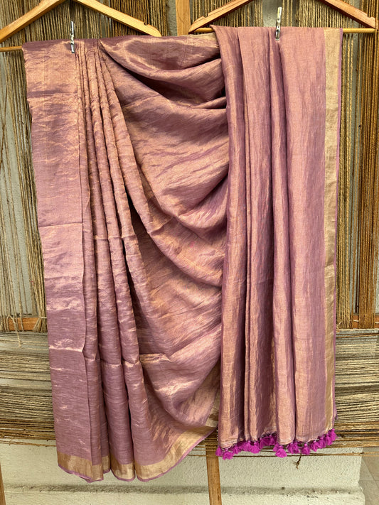 LAVENDER PURPLE GOLDEN METALLIC LINEN SARI WITH WOVEN BORDER & TASSELS ML-51