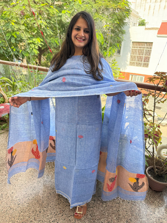 SAPPHIRE BLUE WOVEN LINEN JAMDANI KURTA SET LJS- 201