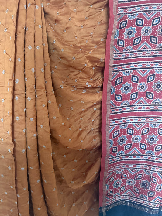 Ochre yellow chanderi silk bandhani handcrafted ajrakh sari