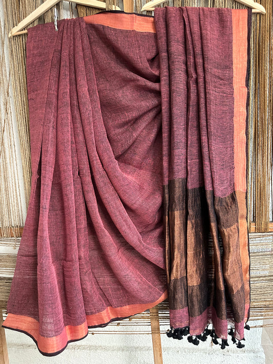 BRICK RED LINEN SARI WITH WOVEN BORDER