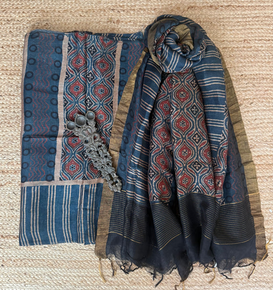 Oxford Blue Indigo blue ajrakh silk Linen handblock suit set