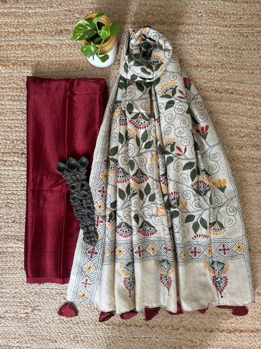 Maroon Solid mashru silk kurta with Natural Beige kantha work hand embroidery Pure Tussar Silk dupatta
