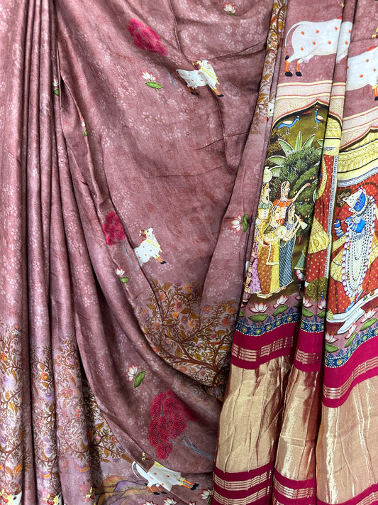 Blush pink pichwai modal silk print sari with zari border pms- 1035