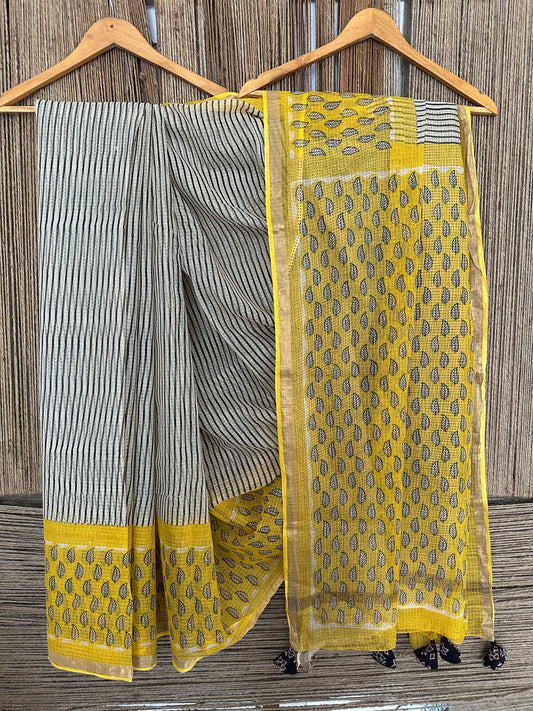BONE GRAY & YELLOW KOTA DORIA HANDBLOCK SARI