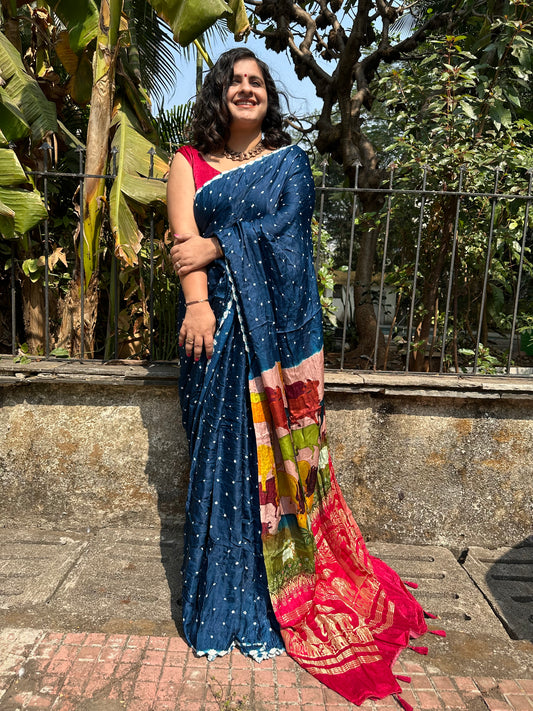 BLUE MODAL SILK BANDHANI SARI WITH PICHWAI PRINT BPS 7