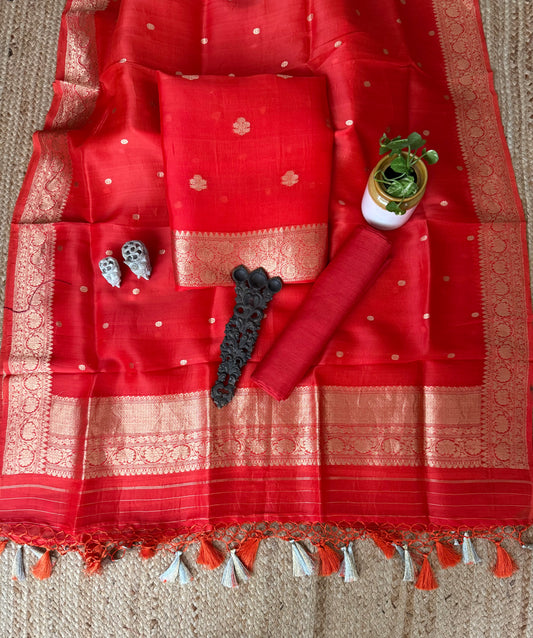 SOORLET REDKORA SILK CERTIFIED HANDLOOM BANARSI KADWA BUTTI WITH WOVEN ZARI THREE PIECE SUIT