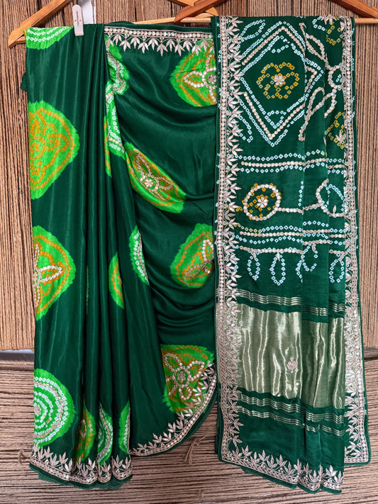 GREEN CHAKRA THEME RAI BANDHANI GAJJI SILK SARI WITH HANDEMBROIDERY GOTTA PATTI BS- 404