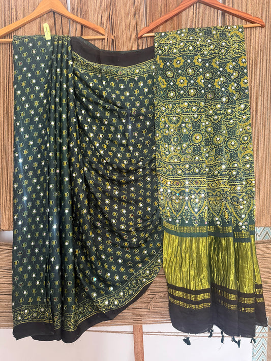 BOTTLE GREEN AJRAKH HANDCRAFTED MIRROR WORK MODAL SILK SARI WITH ZARI PALLU