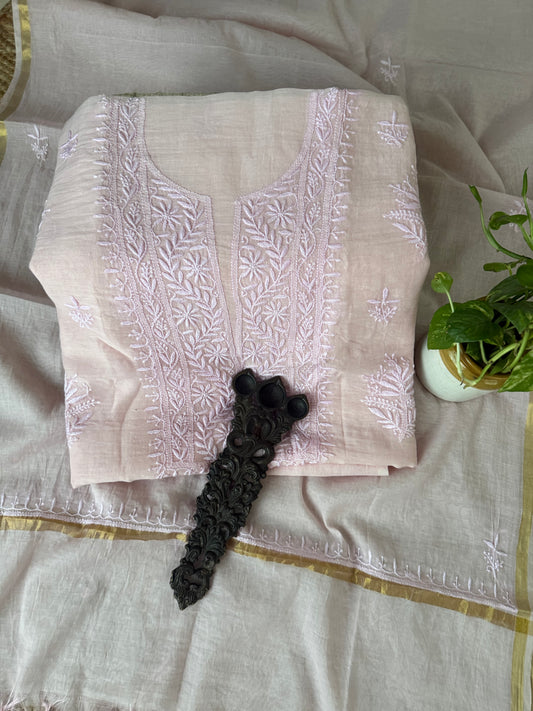 BABY PINK PREMIUM MULL CHANDERI LUCKNOWI CHICKENKARI HAND EMBROIDERY THREE PIECE SUIT