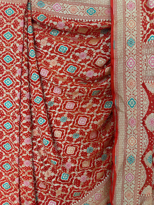 Scarlet Red Handwoven Neem Zari Bareek Bandhani Saree with Khaddi Georgette with Meenakari Work BS- 14