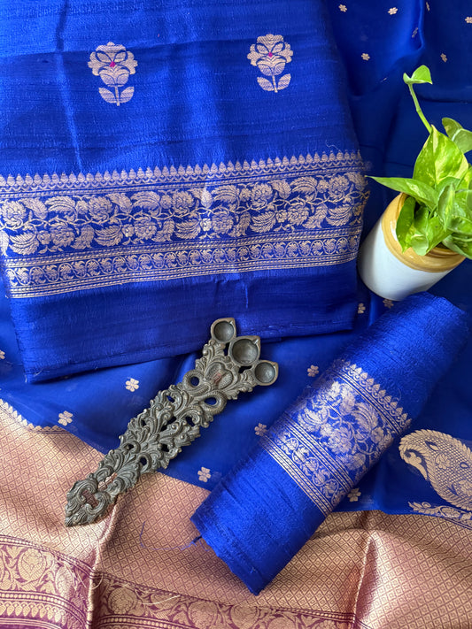 Midnight Blue raw silk certified handloom banarsi kadwa butti with woven zari three piece suit