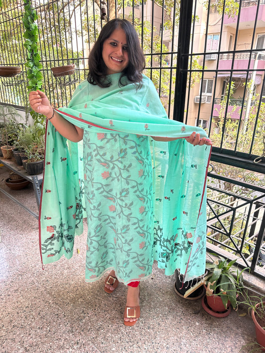 SEA GREEN ALL OVER WOVEN MULL KURTA SET JAK- 5