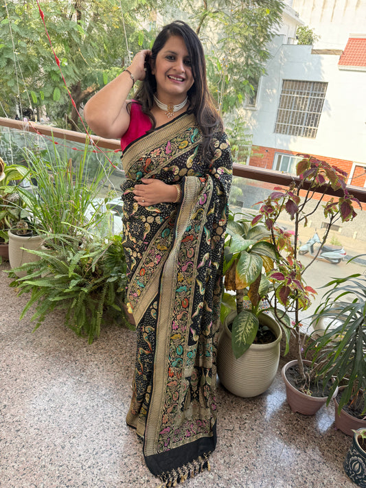 Black Handwoven Rai Bareek Bandhani Saree Meenakari Jaal with Khaddi Georgette Mks-13