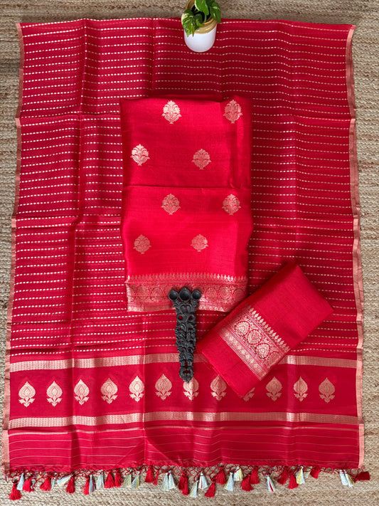 Scarlet Red raw silk certified handloom banarsi kadwa butti with woven zari three piece suit