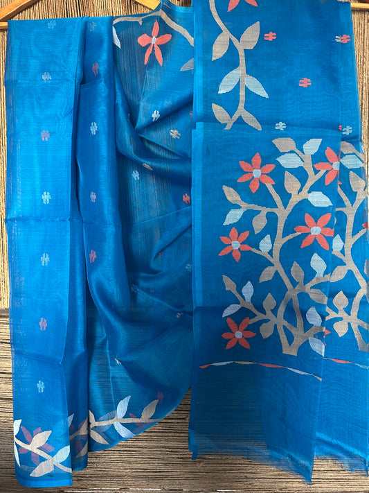 AZURE BLUE JAMDANI HANDWOVEN PURE MUSLIN SILK SARI MJS 23