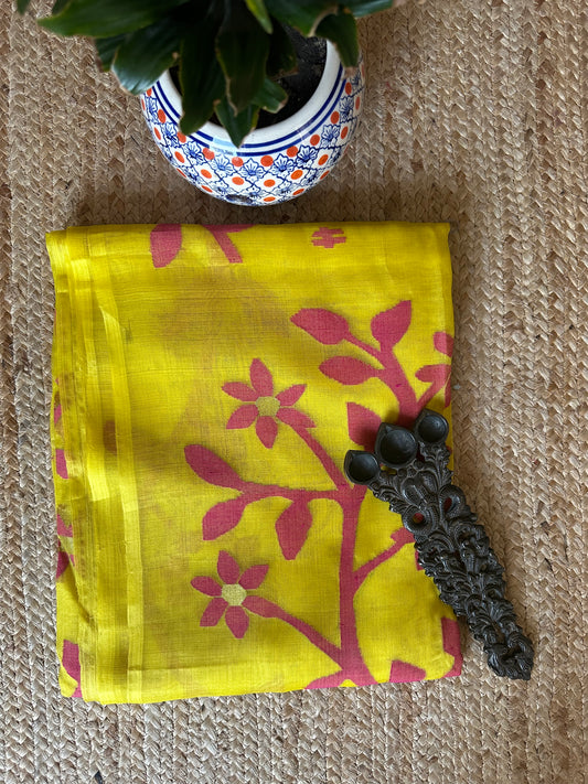 SUNSHINE YELLOW JAMDANI HANDWOVEN PURE MUSLIN SILK SARI MJS-9