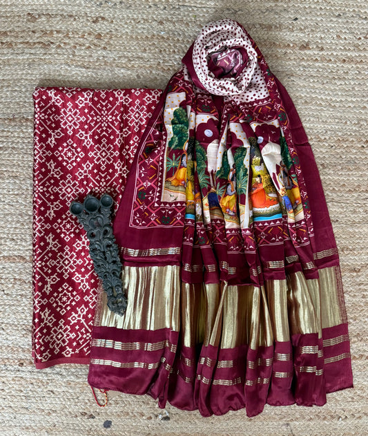 Maroon mashru silk kurta with patola handcrafted modal silk dupatta ps-63