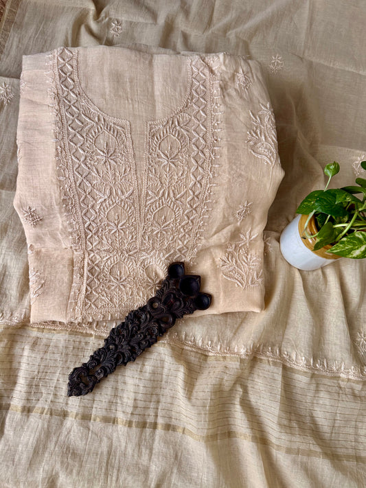 CORAL PEACH PREMIUM MULL CHANDERI LUCKNOWI CHICKENKARI HAND EMBROIDERY THREE PIECE SUIT