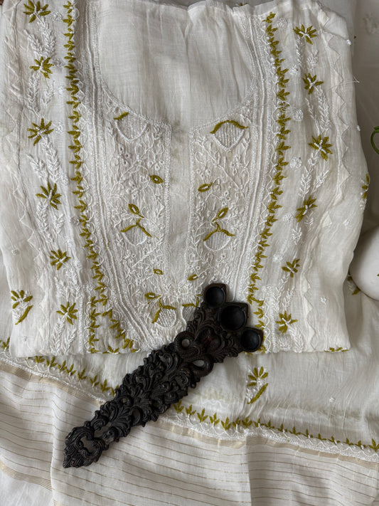 White & green embroidery semi stitched applique detailing gown premium mull chanderi lucknowi chickenkari with moti work hand embroidery three piece suit