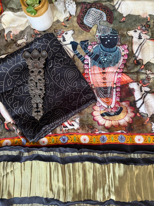 BLACK JAAL MASHRU SILK KURTA WITH PATOLA PICHWAI HANDCRAFTED MODALSILK DUPATTA