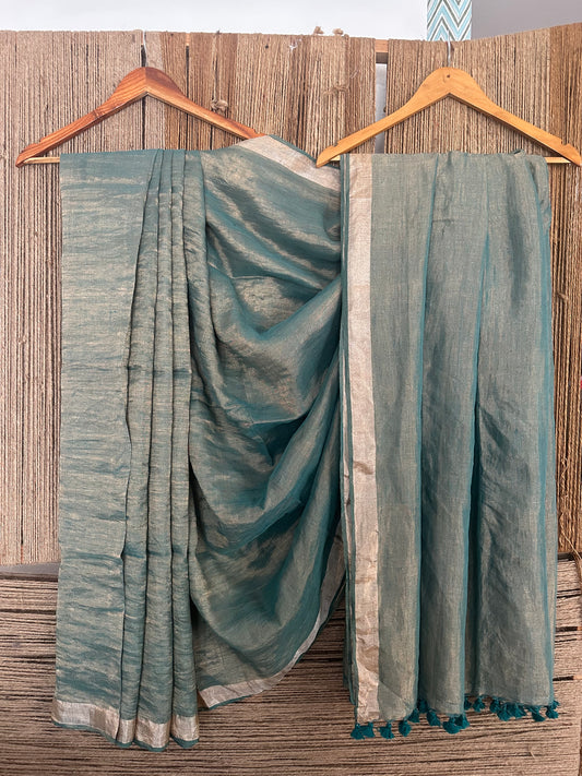 DARK CYAN METALLIC LINEN SARI WITH WOVEN BORDER ML-21