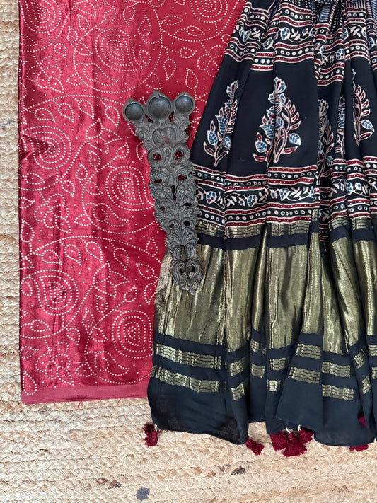 Maroon Mashru Silk Kurta With Black Ajrakh Handcrafted Modal Silk Dupatta