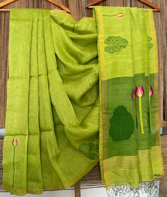 LIME GREEN COPPER TISSUE LINEN JAMDANI HANDWOVEN SARI WITH ELEGANT WOVEN MOTIFS