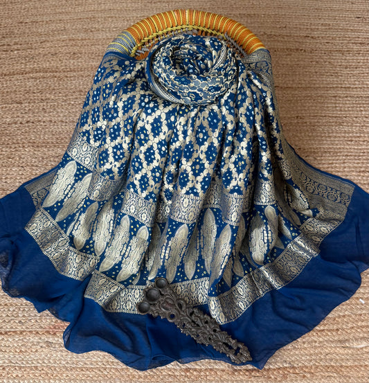 Peacock Blue handwoven neemzari bareek bandhani in khaddi georgette dupatta bd-1081