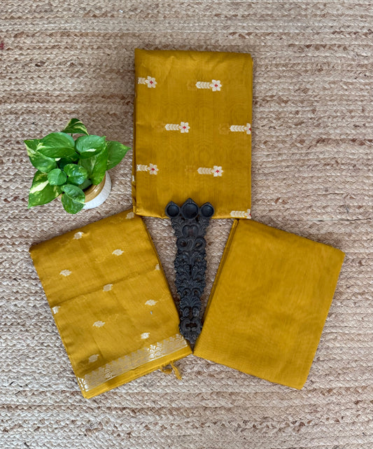 Golden Apricot Yellow Chanderi handloom banarsi booti three piece suit