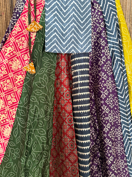 Blue mashru silk blouse-With Multicolour patchwork handcrafted mashru silk Skirt